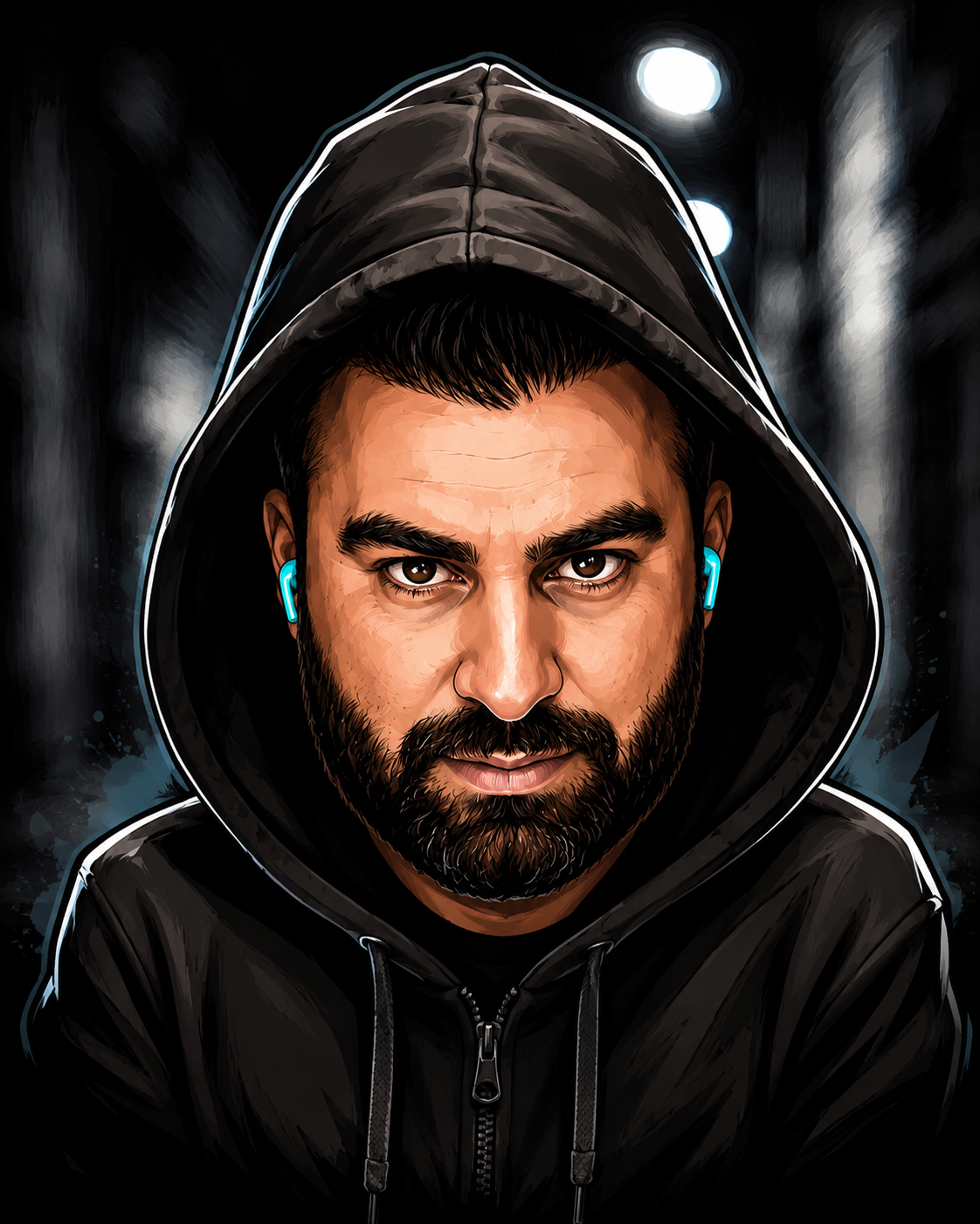 Cartoon portrait of KeWa in hoodie with cyan earbuds